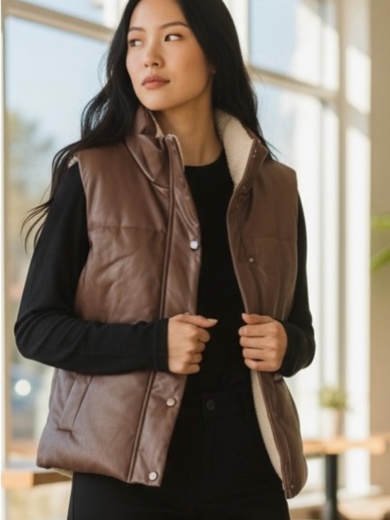Ci Sono Jackets & Blazers - Ci Sono Brown Faux-Leather Sherpa Vest
